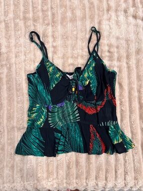 Patrons of Peace Black Tropical Leaf Tie-Front Cami with Green & Red Accents